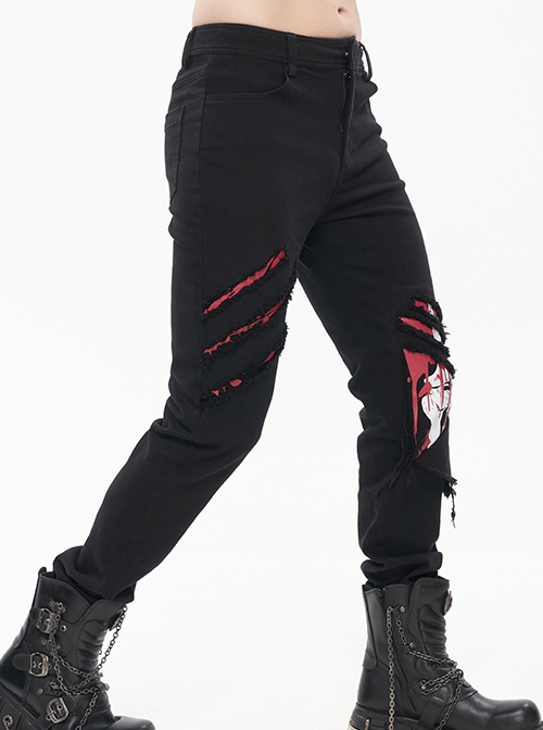 Punk Style Twill Hole Print Torn Skull Applique Pattern Decoration Black Everyday Men's Pants