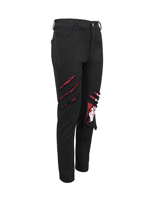 Punk Style Twill Hole Print Torn Skull Applique Pattern Decoration Black Everyday Men's Pants