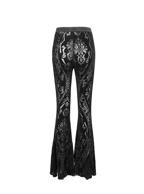 Punk Style Elastic Micro Transparent Flocking Printed Fabric Black Sexy Flared Pants