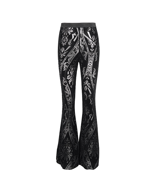 Punk Style Elastic Micro Transparent Flocking Printed Fabric Black Sexy Flared Pants