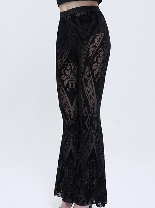 Punk Style Elastic Micro Transparent Flocking Printed Fabric Black Sexy Flared Pants