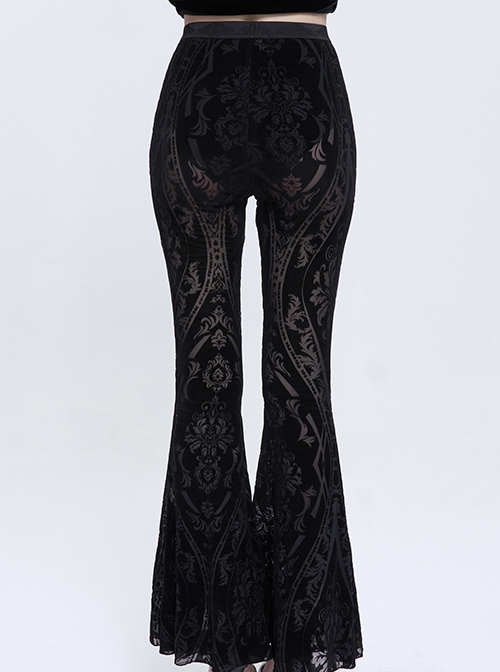 Punk Style Elastic Micro Transparent Flocking Printed Fabric Black Sexy Flared Pants