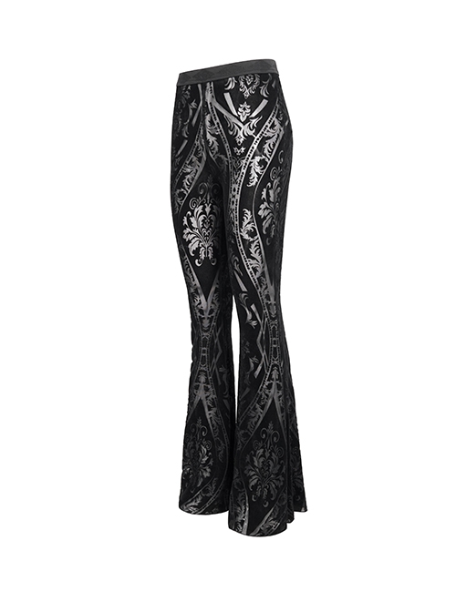 Punk Style Elastic Micro Transparent Flocking Printed Fabric Black Sexy Flared Pants