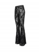 Punk Style Elastic Micro Transparent Flocking Printed Fabric Black Sexy Flared Pants