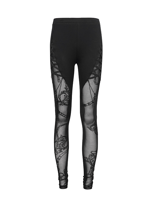 Punk Style Comfortable Cotton Knit Stitching Slightly Transparent Chain Pattern Flocking Print Mesh Black Daily Leggings