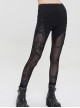 Punk Style Comfortable Cotton Knit Stitching Slightly Transparent Chain Pattern Flocking Print Mesh Black Daily Leggings