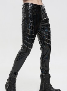 Gothic Style Personality Elastic Shiny Patent Leather Side Multi Row Metal Zipper Embellishment Black Slim Leather Pants