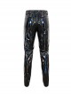 Gothic Style Personality Elastic Shiny Patent Leather Side Multi Row Metal Zipper Embellishment Black Slim Leather Pants