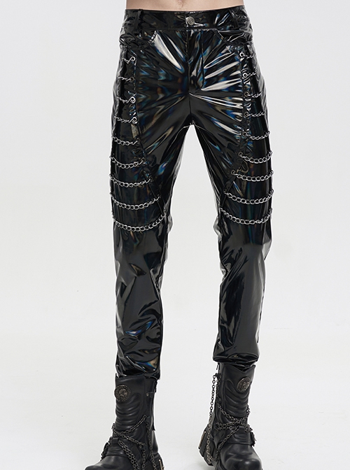 Gothic Style Personality Elastic Shiny Patent Leather Side Multi Row Metal Zipper Embellishment Black Slim Leather Pants