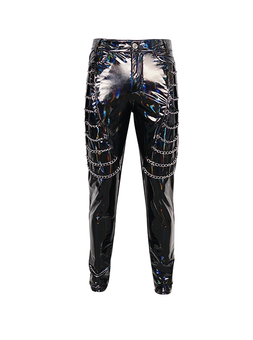 Gothic Style Personality Elastic Shiny Patent Leather Side Multi Row Metal Zipper Embellishment Black Slim Leather Pants