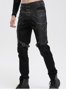 Gothic Style Washed Knitted Side Metal Eyelets With Multi Row Chain Decoration Black Slim Trousers