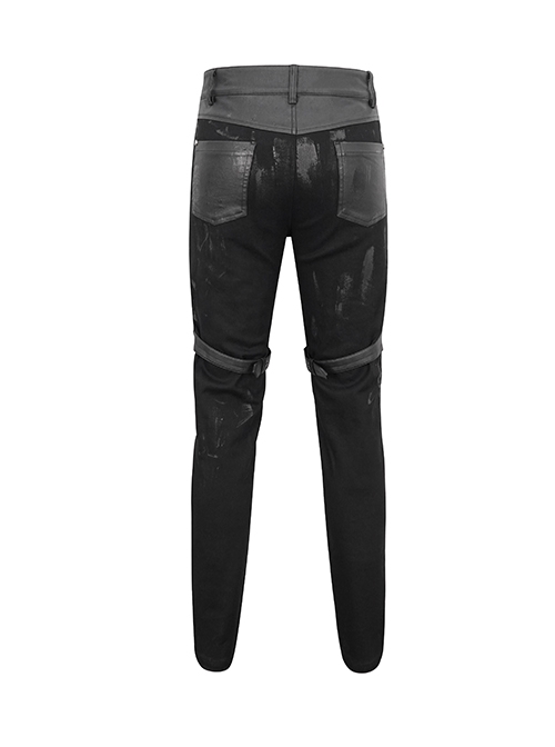 Gothic Style Washed Knitted Side Metal Eyelets With Multi Row Chain Decoration Black Slim Trousers