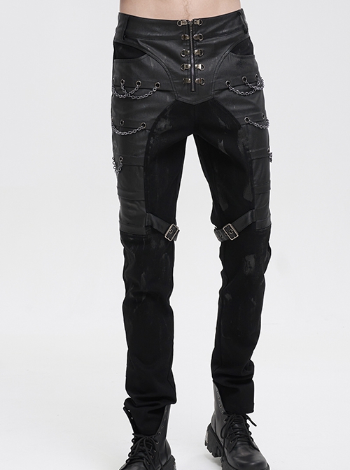 Gothic Style Washed Knitted Side Metal Eyelets With Multi Row Chain Decoration Black Slim Trousers