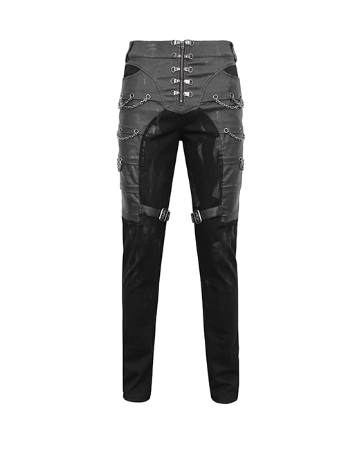 Gothic Style Washed Knitted Side Metal Eyelets With Multi Row Chain Decoration Black Slim Trousers