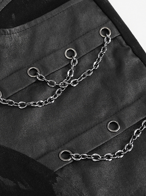 Gothic Style Washed Knitted Side Metal Eyelets With Multi Row Chain Decoration Black Slim Trousers