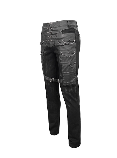 Gothic Style Washed Knitted Side Metal Eyelets With Multi Row Chain Decoration Black Slim Trousers