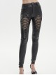 Punk Style Stretch Corrugated Leather Center Front Hollow Tie Mesh Black Adjustable Slim Fit Trousers