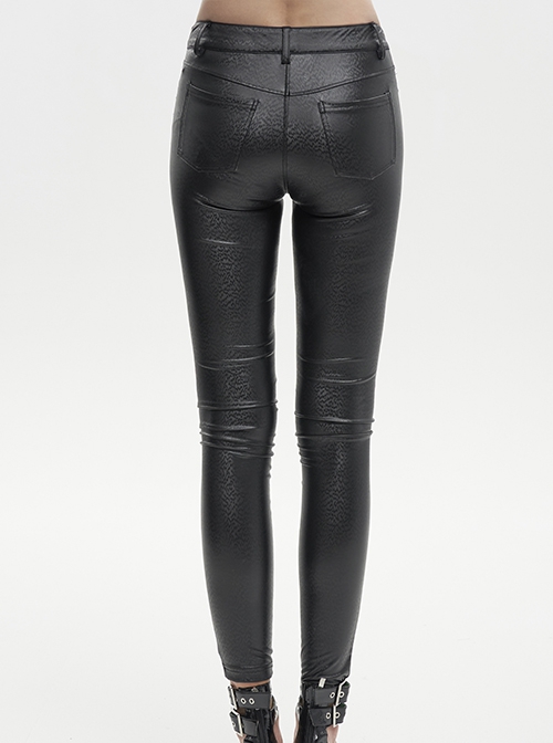 Punk Style Stretch Corrugated Leather Center Front Hollow Tie Mesh Black Adjustable Slim Fit Trousers