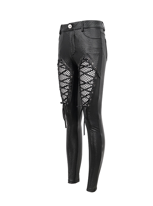 Punk Style Stretch Corrugated Leather Center Front Hollow Tie Mesh Black Adjustable Slim Fit Trousers