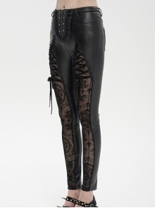 Gothic Style Stretch Leather Fabric Splicing Sexy Micro Transparent Flocking Lace Appliqué Black Leggings