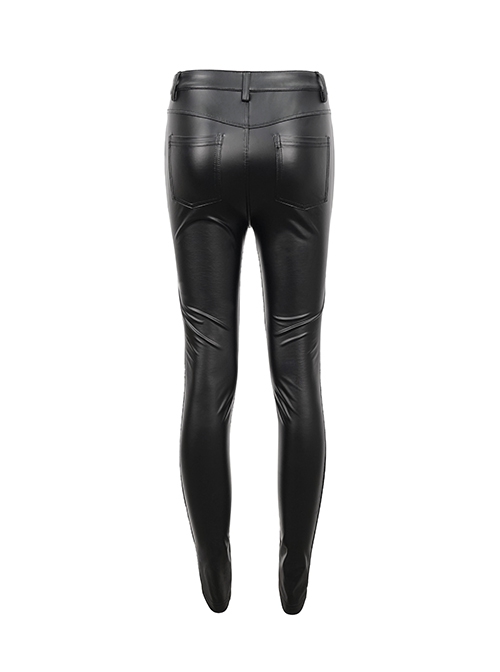 Gothic Style Stretch Leather Fabric Splicing Sexy Micro Transparent Flocking Lace Appliqué Black Leggings