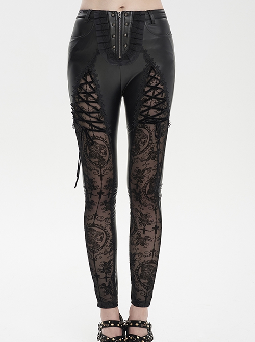 Gothic Style Stretch Leather Fabric Splicing Sexy Micro Transparent Flocking Lace Appliqué Black Leggings