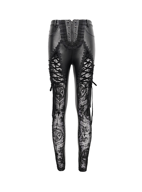 Gothic Style Stretch Leather Fabric Splicing Sexy Micro Transparent Flocking Lace Appliqué Black Leggings