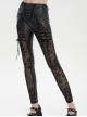 Gothic Style Stretch Leather Fabric Splicing Sexy Micro Transparent Flocking Lace Appliqué Black Leggings