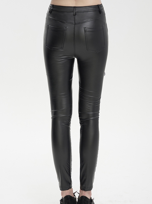 Gothic Style Stretch Leather Fabric Splicing Sexy Micro Transparent Flocking Lace Appliqué Black Leggings