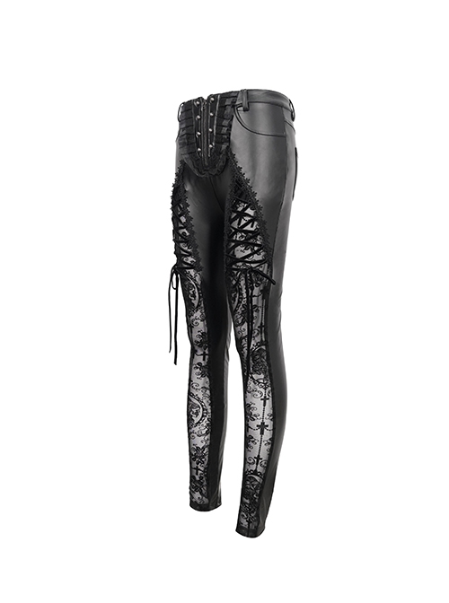 Gothic Style Stretch Leather Fabric Splicing Sexy Micro Transparent Flocking Lace Appliqué Black Leggings