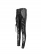 Gothic Style Stretch Leather Fabric Splicing Sexy Micro Transparent Flocking Lace Appliqué Black Leggings