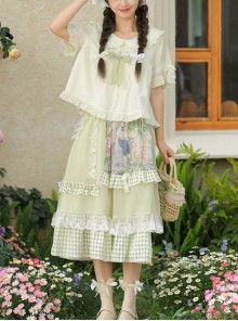 Flower Bell Lake Series Summer Green Pastoral Style Doll Collar Ruffle Lace Check Bowknot Kawaii Fashion Shirt Skirt Set