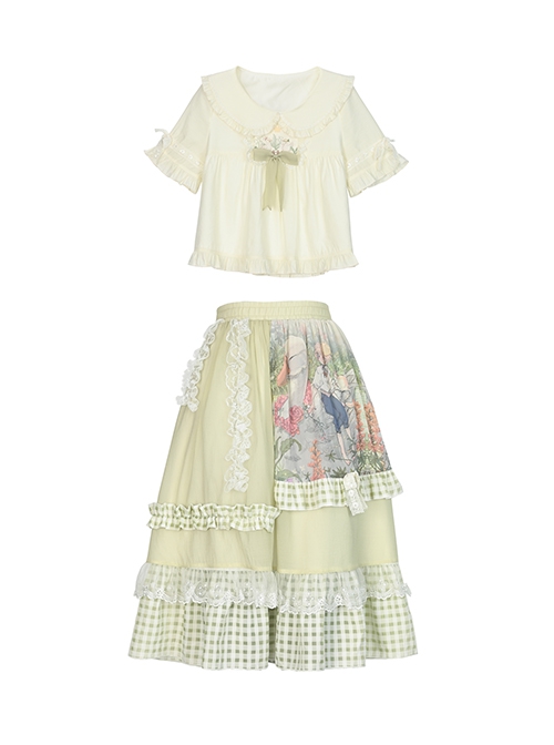 Flower Bell Lake Series Summer Green Pastoral Style Doll Collar Ruffle Lace Check Bowknot Kawaii Fashion Shirt Skirt Set