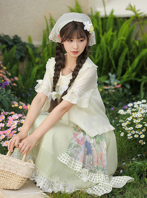 Flower Bell Lake Series Summer Green Pastoral Style Doll Collar Ruffle Lace Check Bowknot Kawaii Fashion Shirt Skirt Set