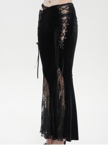 Gothic Style Warm Velvet Fabric Asymmetric Adjustable Waist Tie Black Slightly Transparent Flared Pants
