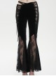 Gothic Style Warm Velvet Fabric Asymmetric Adjustable Waist Tie Black Slightly Transparent Flared Pants