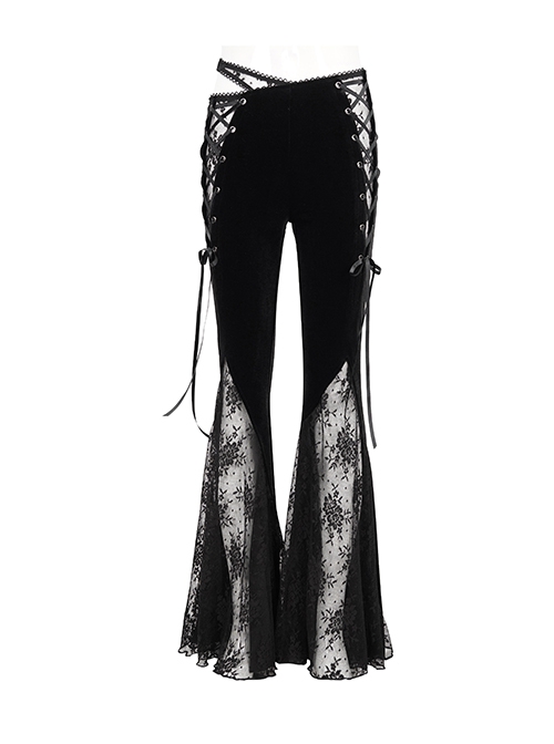 Gothic Style Warm Velvet Fabric Asymmetric Adjustable Waist Tie Black Slightly Transparent Flared Pants