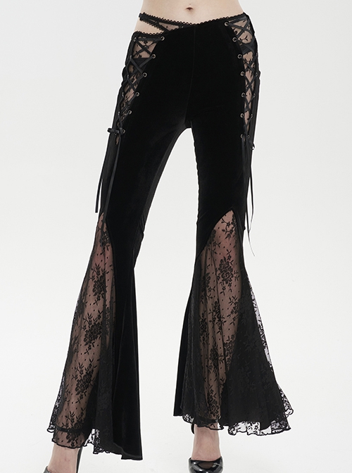 Gothic Style Warm Velvet Fabric Asymmetric Adjustable Waist Tie Black Slightly Transparent Flared Pants