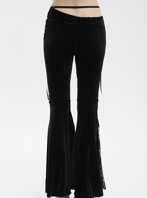 Gothic Style Warm Velvet Fabric Asymmetric Adjustable Waist Tie Black Slightly Transparent Flared Pants