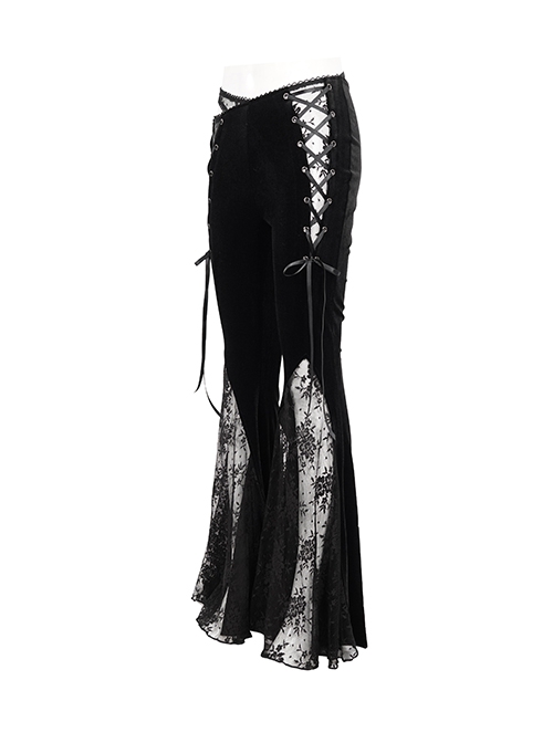 Gothic Style Warm Velvet Fabric Asymmetric Adjustable Waist Tie Black Slightly Transparent Flared Pants