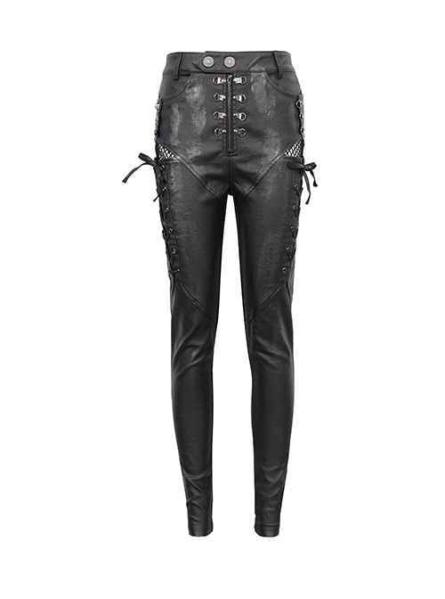 Punk Style Simple Elastic Faux Leather Fabric Side Tie Rope Mesh With Metal Rivet Decoration Black Irregular Daily Trousers