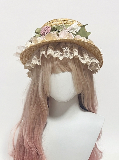 Wild Flowers And Fragrant Grasses Series Elegant Pastoral Style Classic Lolita Sweet 3D Rose Lace Ruffles Straw Hat