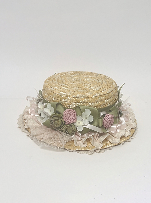 Wild Flowers And Fragrant Grasses Series Elegant Pastoral Style Classic Lolita Sweet 3D Rose Lace Ruffles Straw Hat