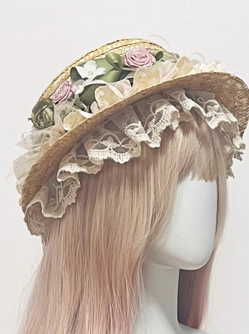 Wild Flowers And Fragrant Grasses Series Elegant Pastoral Style Classic Lolita Sweet 3D Rose Lace Ruffles Straw Hat