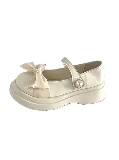 Versatile Daily Cute Satin Bowknot Pearl Button Sweet Lolita Mary Jane Round Toe Thick Sole Uniform Shoes