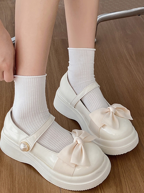 Versatile Daily Cute Satin Bowknot Pearl Button Sweet Lolita Mary Jane Round Toe Thick Sole Uniform Shoes