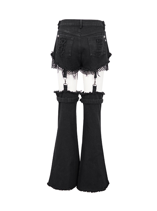 Punk Style Old Fashioned Hole Washed Segmented Stitching Leg Sleeves Black Loose Flared Pants