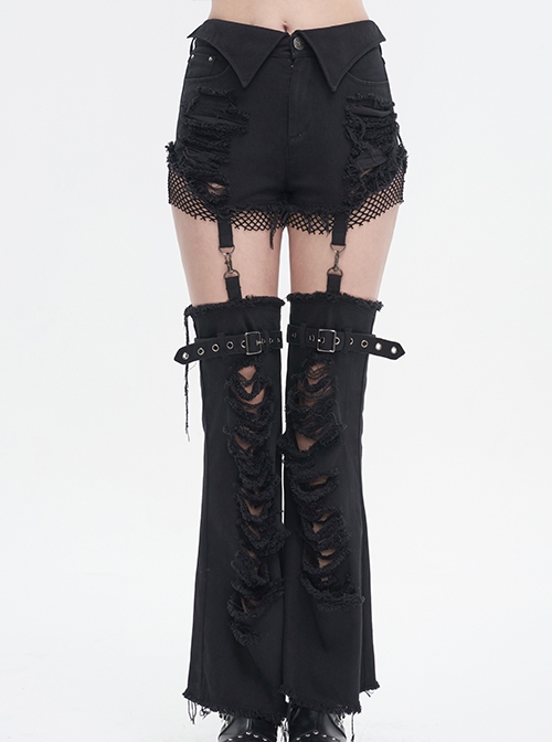 Punk Style Old Fashioned Hole Washed Segmented Stitching Leg Sleeves Black Loose Flared Pants