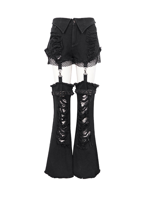 Punk Style Old Fashioned Hole Washed Segmented Stitching Leg Sleeves Black Loose Flared Pants