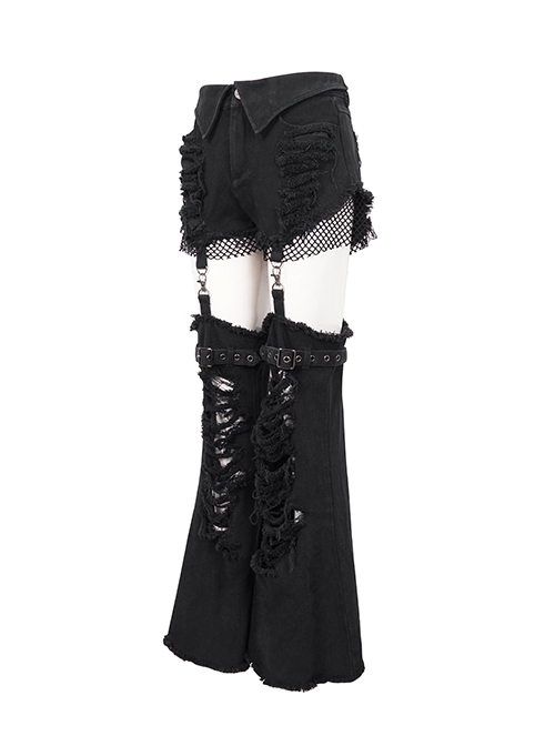 Punk Style Old Fashioned Hole Washed Segmented Stitching Leg Sleeves Black Loose Flared Pants